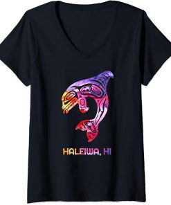 Womens Tribal Haleiwa Orca Killer Whale Indigenous Native V-Neck T-Shirt