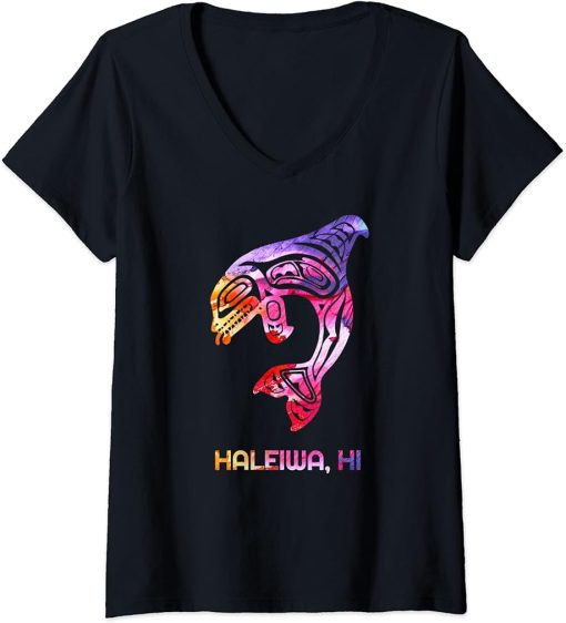 Womens Tribal Haleiwa Orca Killer Whale Indigenous Native V-Neck T-Shirt