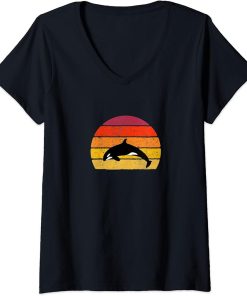 Womens Orca Vintage Art Killer Whale Sunset V-Neck T-Shirt