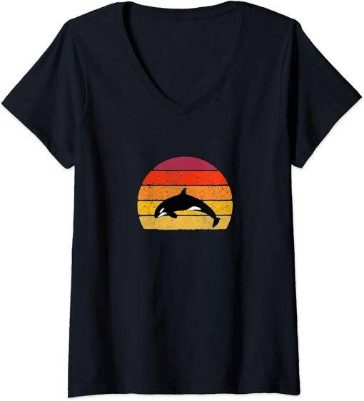 Womens Orca Vintage Art Killer Whale Sunset V-Neck T-Shirt