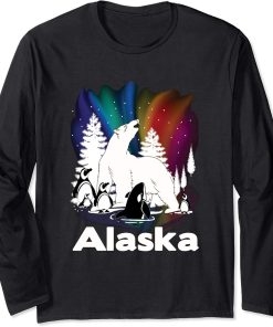 Alaska Aurora Borealis Puffins Bear Orca Long Sleeve T-Shirt