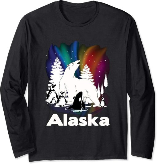 Alaska Aurora Borealis Puffins Bear Orca Long Sleeve T-Shirt