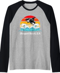 Vintage Newport Beach CA Distressed Orca Killer Whale Art Raglan Baseball Tee