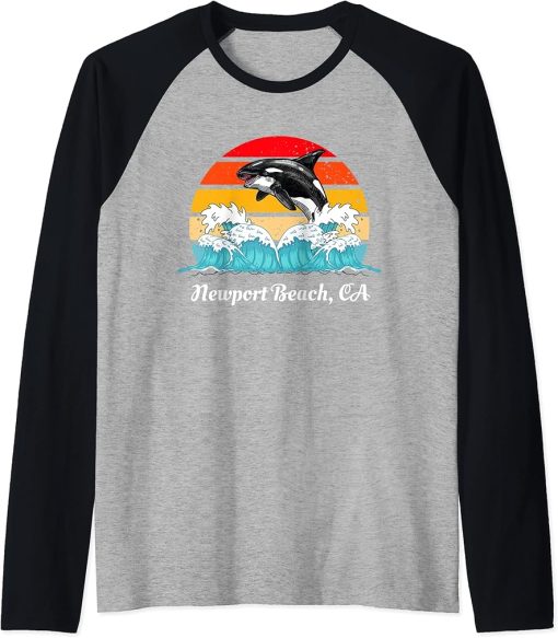 Vintage Newport Beach CA Distressed Orca Killer Whale Art Raglan Baseball Tee